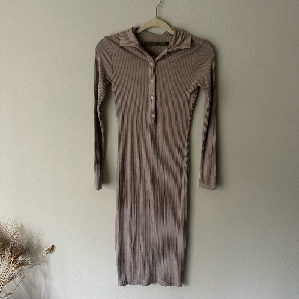 Enza Costa Rib Knee-Length Polo Dress in Oatmeal - Picture 3 of 8